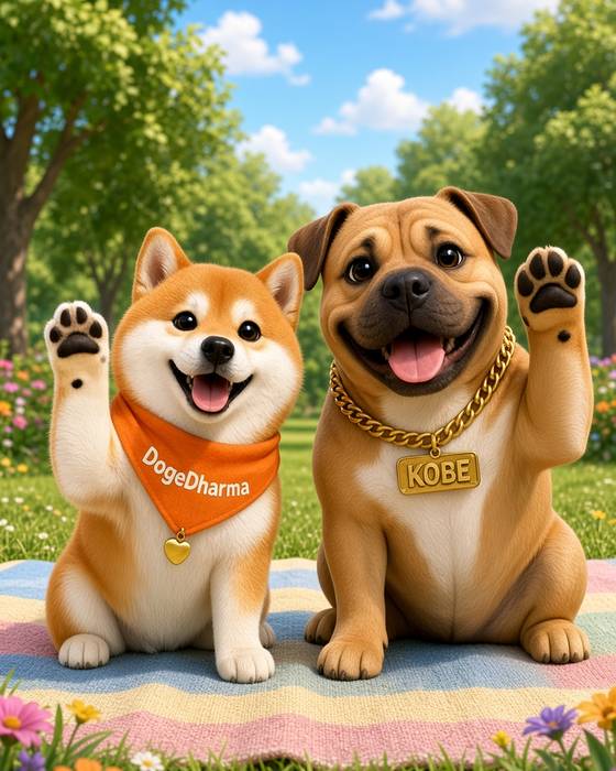 DogeDharma and Kobe waving hello in a sunny park